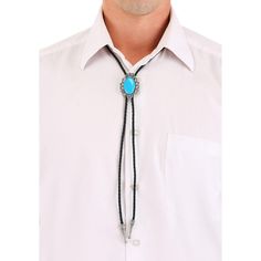 This turquoise bolo tie is a Western classic! Pairing with all sorts of cowboy and bandit costumes, the blue charm on a silver background adjusts to make slipping into this accessory simple. Braided cord tipped in molded silver accents will make this the detail that will make your cowpoke costume come to life! Black Western Bolo Tie With Concho, Western Style Turquoise Bolo Tie For Western-themed Events, Western Silver Bolo Ties For Western-themed Events, Western Style Silver Bolo Ties For Western-themed Events, Western Black Bolo Ties For Western-themed Events, Adjustable Black Bolo Tie For Rodeo, Adjustable Black Bolo Ties For Rodeo, Black Adjustable Bolo Ties For Rodeo, Silver Western Bolo Ties For Festival