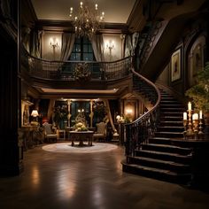 an elegant living room with chandelier and stairs in the center is lit by candles