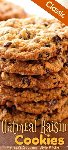 oatmeal raisin cookies stacked on top of each other with text overlay