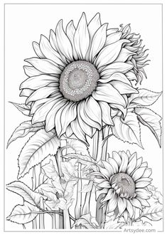 a drawing of a sunflower with leaves and flowers in the foreground, on a white background