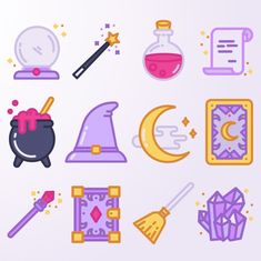 various items are grouped together on a white background with purple and yellow accents, including a witch's hat