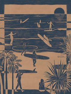 a drawing of people on the beach with surfboards and palm trees in the background