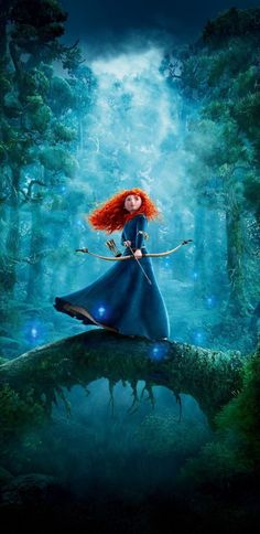 a woman with red hair is standing on a log in the woods holding a bow