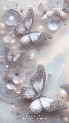 two white butterflies with diamonds and pearls on their wings are floating in the air, surrounded by bubbles