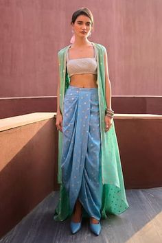 Powder blue blouse featuring pearl, glass bead embellishment all over. Paired with a draped dhoti skirt and a sea green jacket. - Aza Fashions Drape Skirts Indo Western, Pearl Bustier, Dhoti Skirt, Blue Drapes, Vacuum Storage, Indian Wedding Wear, Organza Dupatta, Indo Western, Beach Weddings