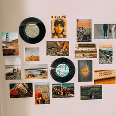 a refrigerator covered in pictures and magnets next to a freezer