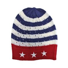 Hold Our Flag High With This Adorable Red White And Blue American Flag Beanie Cap. Knit From Soft Yarn, This Stylish Hat Features A Red And White Striped Design That Is Finished With Blue Ribbed Trim And Hand Embroidered White Stars.Measures 8 Inches Wide, When Flat Measures 9.5 Inches Long, Top To Bottom, When Flat. Cap Has A Maximum Circumference Of 20 Inches. This Skull Cap Style Hat Is Ideal For Both Men And Women. Lightweight And Breathable, This Patriotic Knit Beanie Cap Is Fun To Wear. This Knit Hat Features Hand Embroidered Stars Across The Edge Band, Adding To The Patriotic Flag Design. Acrylic Product Code: H03883/H03883 Blue American Flag, American Flag Stars, Blue Beanie, Crochet Knit Hat, Striped Beanies, Animal Hats, Knitted Animals, Slouch Hat, Black Beanie