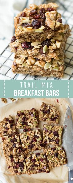 several different types of granola bars stacked on top of each other with the words trail mix breakfast bars