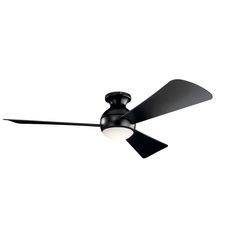 a black ceiling fan with a light on the top and two blades attached to it