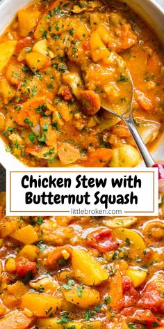 chicken stew with butternut squash in a white bowl