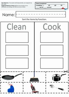 a worksheet with pictures of kitchen items