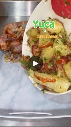 a bowl filled with food sitting on top of a counter