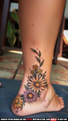 a woman's foot with flowers and leaves on the bottom part of her leg