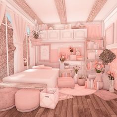 a room filled with lots of pink furniture and decor