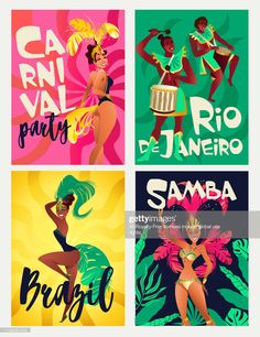 four different posters with women in bikinis and tropical designs on them, including the names of