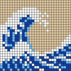 a cross - stitch pattern with blue and white waves on the bottom half of it