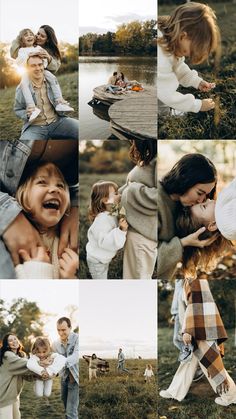 a collage of photos with children laughing and playing in the grass, one child is holding his mom's shoulders