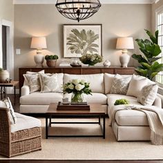 a living room filled with lots of furniture and flowers on top of a coffee table