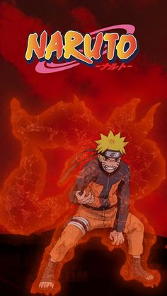 naruto is sitting on the ground in front of an orange and red background