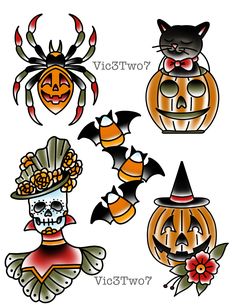 halloween tattoos with pumpkins, skulls and cats