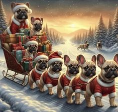 a group of dogs in santa's outfits pulling a sleigh full of presents