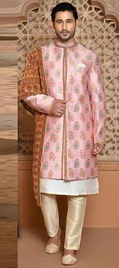 Pink and Majenta color Sherwani in Banarasi Silk fabric with Lace, Weaving work Luxury Pink Sherwani With Dupatta, Lace Weaving, Silk Fabric, Weaving, Silk, Lace, Pink, Fabric, Color