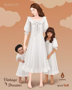 a woman and two children standing next to each other in front of a brown background