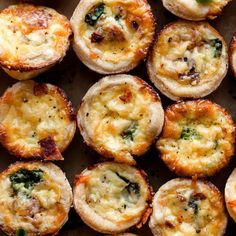 small quiches with cheese and spinach are on a baking sheet, ready to be eaten