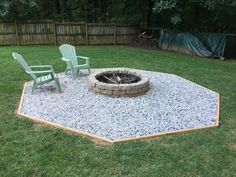 a fire pit surrounded by two lawn chairs