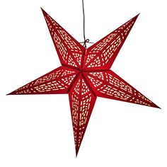 a red paper star ornament hanging from a string