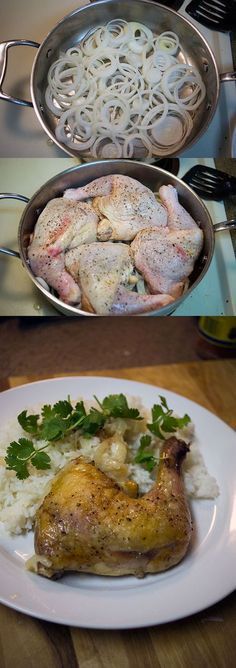 there are two different pictures of food on this plate and in the middle one is chicken, rice, and broccoli