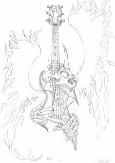 a drawing of a guitar with flames coming out of the neck and hands holding it