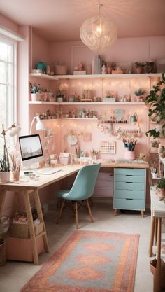 a home office with pink walls and lots of shelves