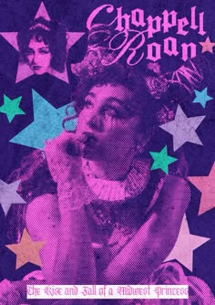 a poster with stars and a woman talking on the phone in front of her face