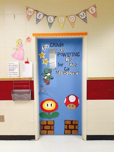 a door decorated with paper mario and other items