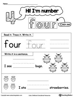 worksheet for beginning and ending the number four, with pictures on each page