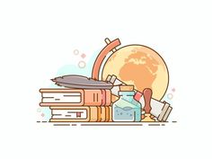 a pile of books sitting on top of each other next to a globe and paintbrush