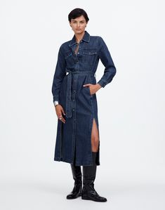 Regular fit. Falls 50' from high point of shoulder (based on size M). 100% cotton. Pockets. Machine wash. Imported. Select stores. Womens Denim Dress, Midi Maxi Dress, Knee High Boots, Madewell, Knee High, Denim Dress, Dress Skirt, Maxi Dress, Wardrobe