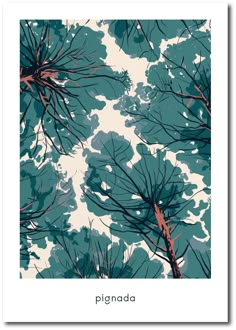 the back side of a poster with trees in blue and green colors, on a white background