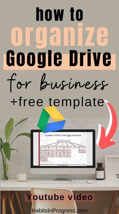 a desk with a computer on it and text overlay that reads how to organize google drive for business + free template