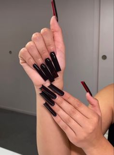 Grey Red Bottom Nails, Man Eater Aesthetic Nails, Black Acrylic Nails Tapered Square, Black Nail Designs Elegant, Long Black Acrylic Nail Ideas, Black Nail Inspo Acrylic Long, Xl Black Nails, Black Nail Designs Black Women, Winter Tapered Square Nails