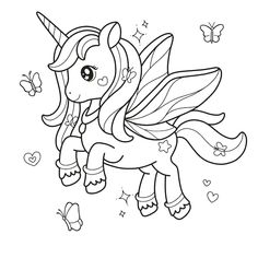 a cute little pony with butterflies on it's tail and wings coloring pages for kids