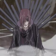 an anime character sitting on top of a large iron throne in front of snow covered ground