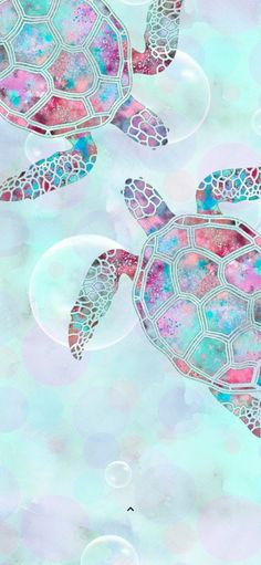 two sea turtles are swimming in the water with bubbles and bubbles around them, as if they