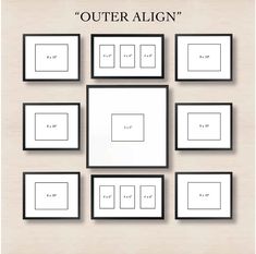 several black and white frames with the words'outer align'written on them in cursive writing