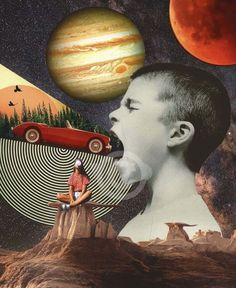 a boy with his mouth open in front of an image of planets and a car