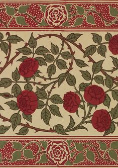 an intricately designed wallpaper with roses and leaves in red, green and white