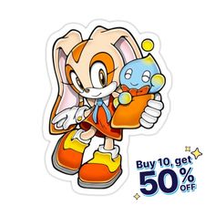 an orange and white cartoon character holding a stuffed animal in front of a sale sign