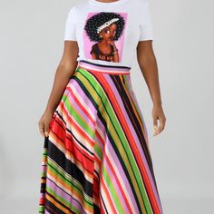 Multi-Colored Striped Skirt With A Satin Feel. Chic Multicolor Maxi Skirt For Party, Casual Multicolor Asymmetrical Maxi Skirt, Casual Multicolor Maxi Skirt For Party, Multicolor Maxi Skirt For Day Out, Chic Multicolor Maxi Skirt For Day Out, Chic Multicolor Asymmetrical Skirt, Multicolor Lined Maxi Skirt For Day Out, Multicolor Flared Skirt For Day Out, Multicolor Pleated Maxi Skirt For Day Out