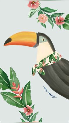 a painting of a toucan with flowers and leaves on it's back